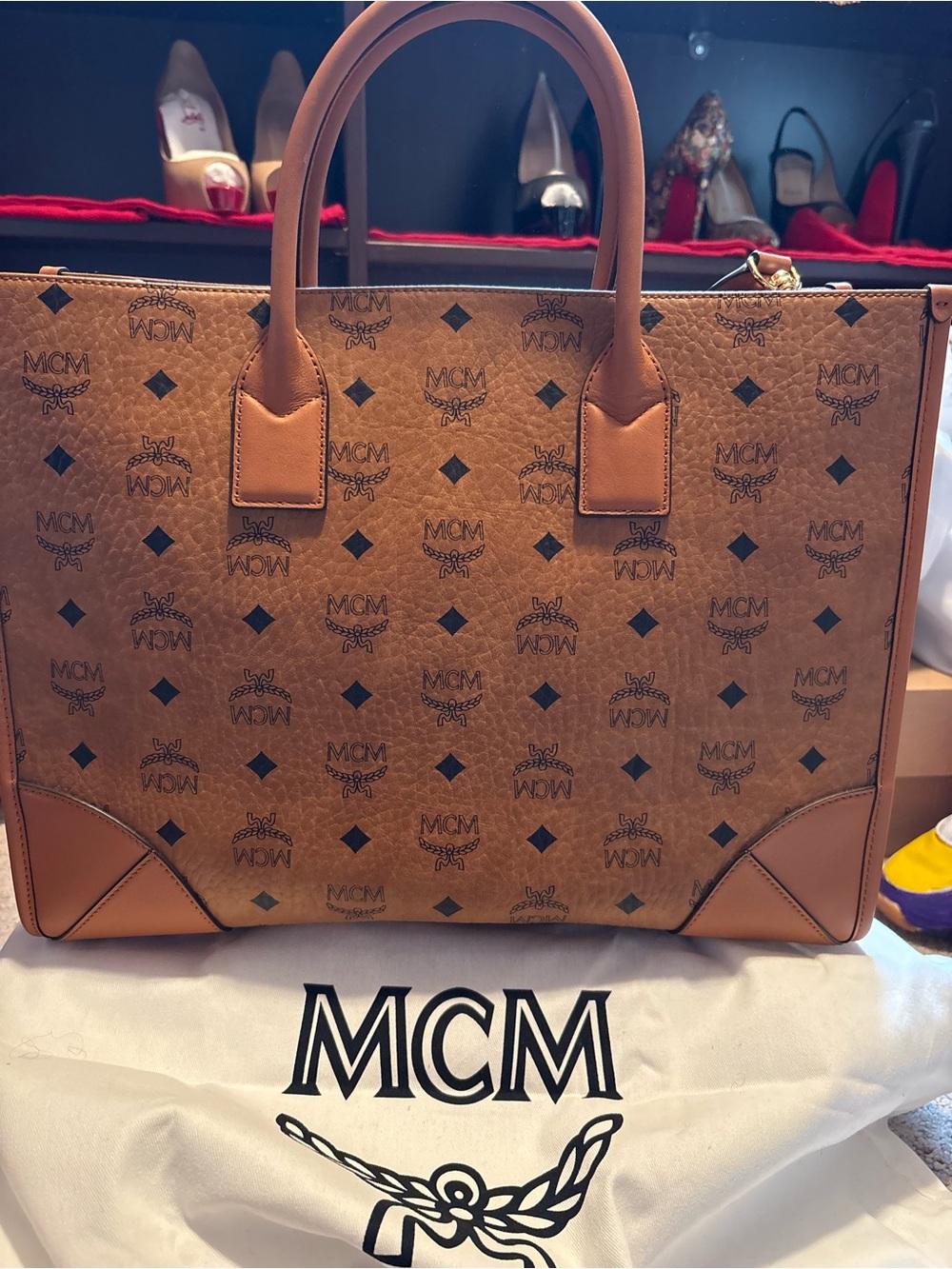 MCM Visetos Logo Shopping Tote in Cognac and Black